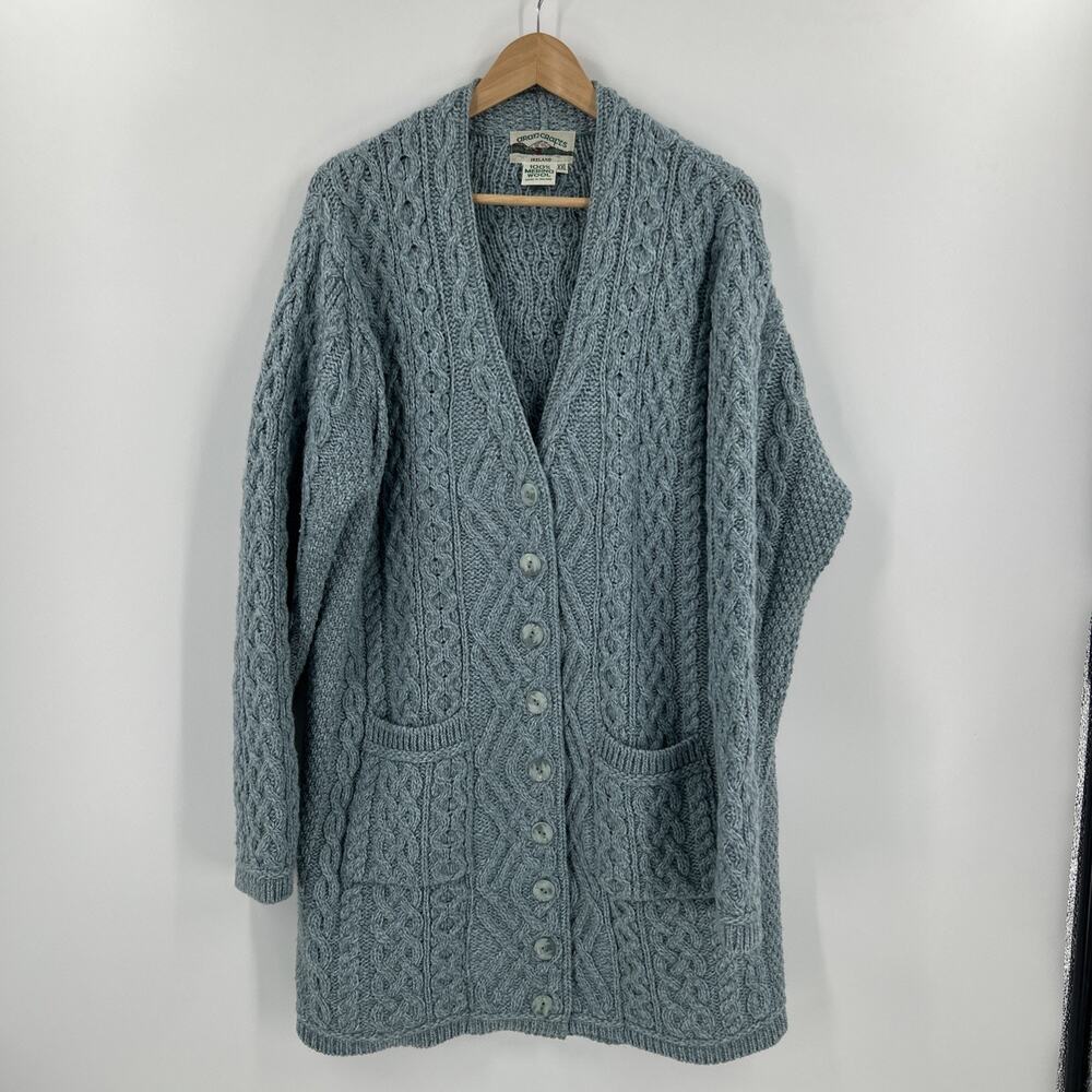Aran Crafts Merino Wool Cardigan Womens XXL Long Cable Fisherman Ireland Blue